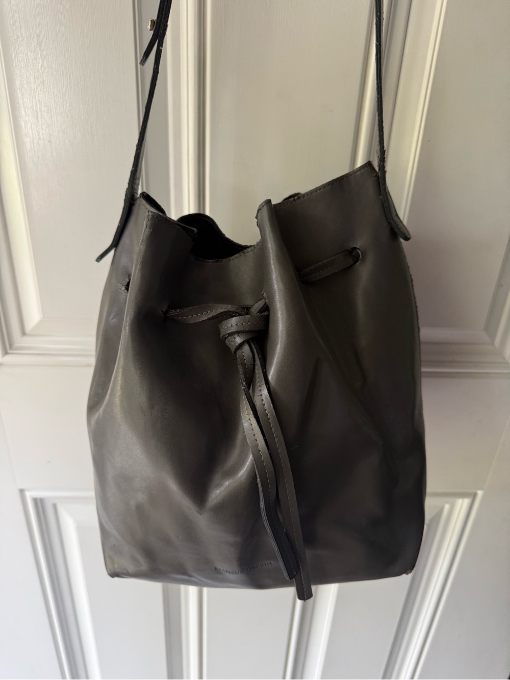 Mansur Gavriel Grey Leather Bucket Drawstring Shoulder Bag